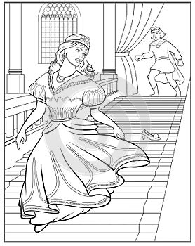 Fairy Tale Cinderella looking for your lost shoe - Colouring page for adult and children