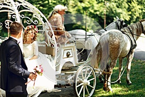 Fairy-tale cinderella wedding carriage and horse magical wedding photo