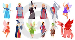 Fairy tale clipart. Medieval magician characters, cartoon fairy girl dragon and fantasy wizard. Halloween clothes, child