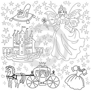 Fairy tale coloring page for kids. Vector illustration of princess, castle and carriage