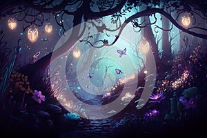 Fairy tale concept. In the enchanted fantasy forest, fluttering butterflies and glowing fireflies fly in the evening