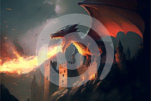 Fairy-tale dragon breathes fire against the background of an ancient castle. AI generated.