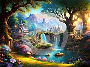 fairy tale fantasy landscape with a magic fairytale castle, illustration, AI Generated