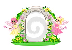 Fairy tale frame with two beautiful little fairies and princesses