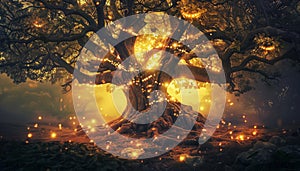 A fairy tale fruit tree illuminated by magic light