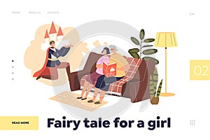 Fairy tale for girl concept of landing page with granny reading story about prince granddaughter