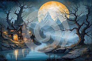 A Fairy Tale house and a lake on a full moon night