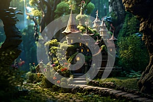 Fairy tale house in magical forest. Cartoon illustration. Fairy elf gnome magic. Generative AI