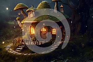 Fairy tale house in magical forest. Cartoon illustration. Fairy elf gnome magic. Generative AI