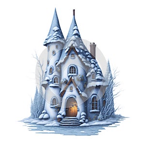 fairy tale house in winter covered with snow graphic for christmas or winter