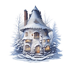 fairy tale house in winter covered with snow graphic for christmas or winter