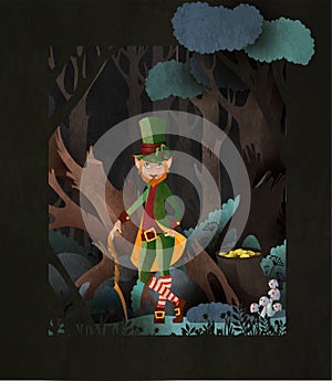 Fairy tale illustration Leprechaun wearing hardtop hat with pot of gold coins in front of dark forest