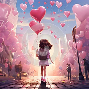 Fairy tale illustration of a little girl with pink heart-shaped balloons on, about a hundred pink balloons. Heart as a symb
