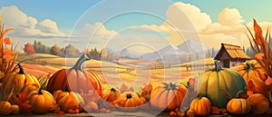 Fairy tale illustration pumpkins flowers fields with mountains in background. Banner. Pumpkin as a dish of thanksgiving for the