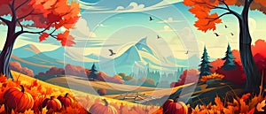 Fairy tale illustration pumpkins flowers fields with mountains in background. Banner. Pumpkin as a dish of thanksgiving for the