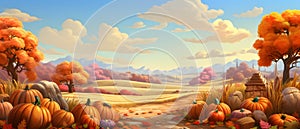 Fairy tale illustration pumpkins flowers fields with mountains in background. Banner. Pumpkin as a dish of thanksgiving for the