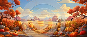 Fairy tale illustration pumpkins flowers fields with mountains in background. Banner. Pumpkin as a dish of thanksgiving for the