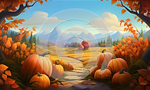 Fairy tale illustration pumpkins flowers fields with mountains in background. Banner. Pumpkin as a dish of thanksgiving for the