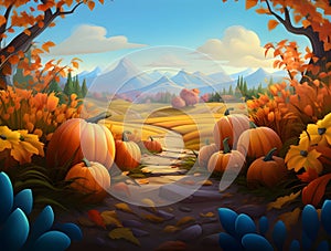 Fairy tale illustration pumpkins flowers fields with mountains in background. Banner. Pumpkin as a dish of thanksgiving for the