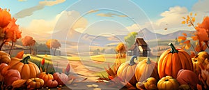 Fairy tale illustration pumpkins flowers fields with mountains in background. Banner. Pumpkin as a dish of thanksgiving for the