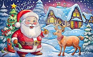 Fairy tale illustration of Santa Claus with a gift in a winter scene, a reindeer and falling snow. Xmas tree as a symbol of