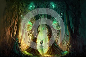 Fairy tale image with fairy forest, tall trees and green grass, and a mysterious path, Generative Ai