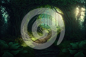 Fairy tale image with fairy forest, tall trees and green grass, and a mysterious path, Generative Ai