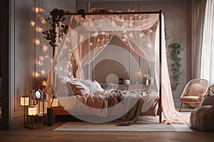 Fairy tale-inspired cozy dreamy bedroom with a four-poster canopy bed, twinkling string lights. Generative AI