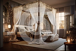 Fairy tale-inspired cozy dreamy bedroom with a four-poster canopy bed, twinkling string lights. Generative AI