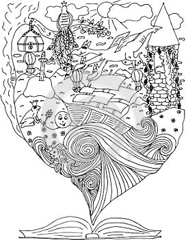 Fairy tale. journey in world of fables. dragons. rapunzel. ship in ocean. Vector illustration