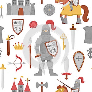 Fairy tale knight armor seamless pattern. Repeat background with fantasy armored warrior and castle. Fairytale soldier digital