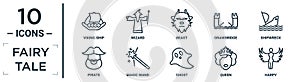 fairy.tale linear icon set. includes thin line viking ship, beast, shipwreck, magic wand, queen, harpy, pirate icons for report,