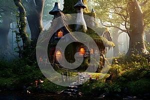 Fairy tale little house in magical forest. Cartoon illustration. Fairy elf magic. Generative AI