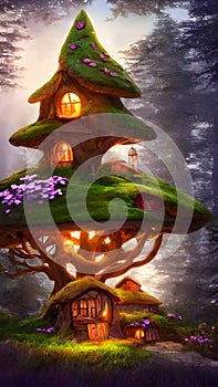 Fairy-tale little mushroom-like cottage in magical forest