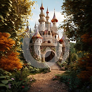 A fairy-tale magic castle in the middle of a forest glade