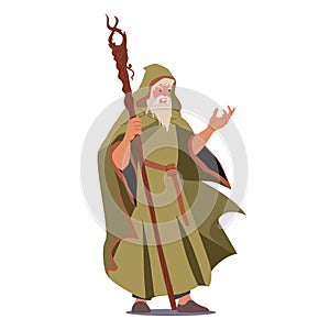 Fairy Tale Magician, Wizard Character Wear Long Robe, Cape with Hood Holding Wooden Magic Staff. Warlock with Beard