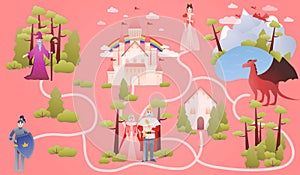 Fairy tale map with fantasy characters, educational game for kids, help find right way to princess, magical dragon