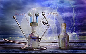 Fairy tale mechanism, machine for catching lightning. Mystical device with glass bottle and thundery sky with lightning