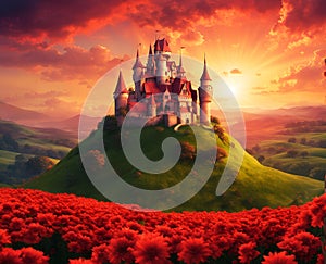 Fairy tale medieval castle on a high hill surrounded by natural landscape, AI