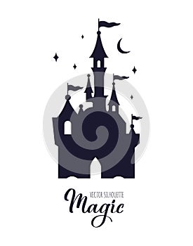 Fairy tale medieval Castle silhouette witn night starry sky