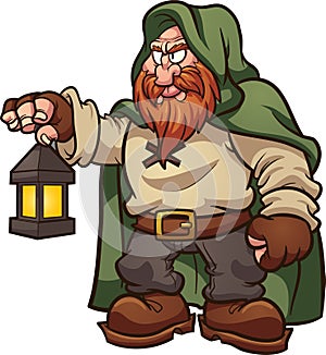 Fairy tale medieval dwarf with a green hood, holding a lantern. Vector clip art illustration with simple gradients.