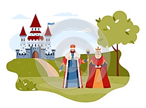 Fairy tale medieval king and queen, flat vector illustration isolated.