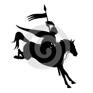 Fairy tale medieval knight riding horse black vector silhouette