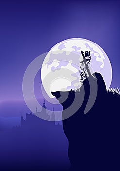 Fairy tale night scene with excalibur sword and castle vector silhouette