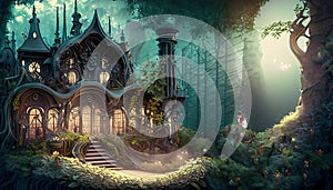 fairy tale painted with a house in the middle of the forest