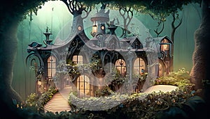 fairy tale painted with a house in the middle of the forest