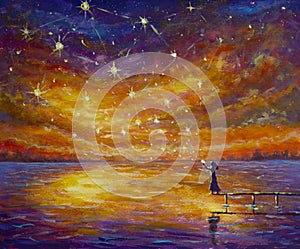 Fairy tale painting illustration of girl on bridge launches magical stars into sunset over river