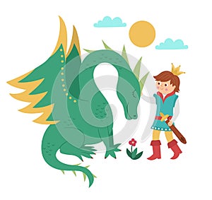 Fairy tale prince with dragon isolated on white background. Vector fantasy young monarch in crown with magic creature. Medieval