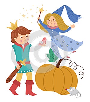 Fairy tale prince with fairy, pumpkin, lost shoe, mouse. Vector fantasy young monarch in crown icon. Medieval fairytale characters