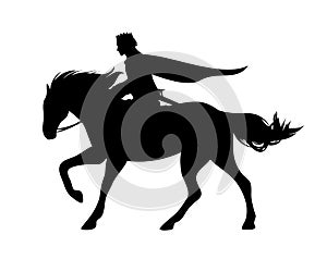 Fairy tale prince riding horse black vector silhouette outline